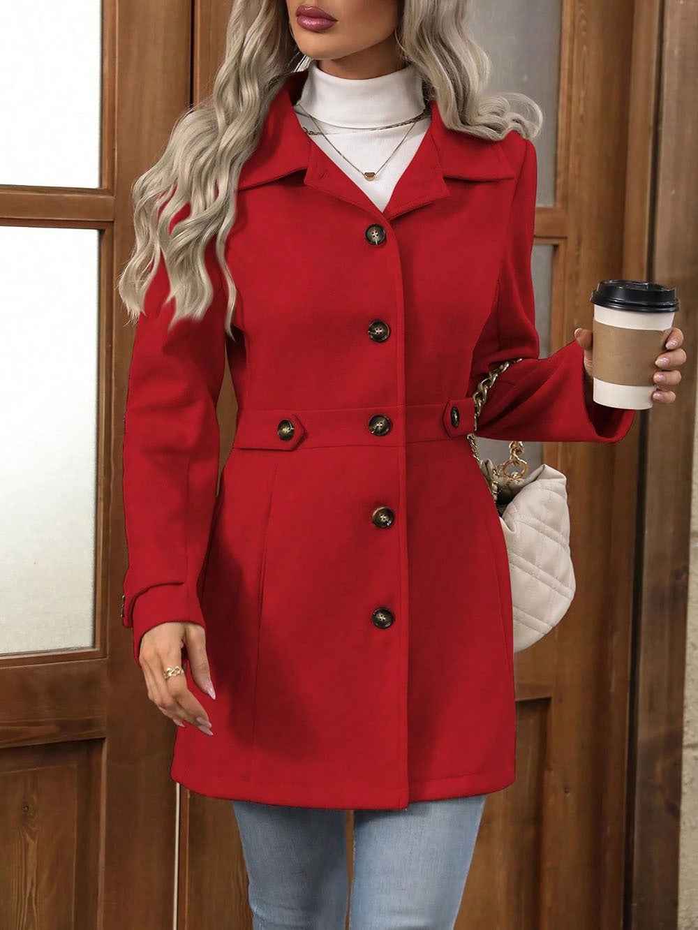 Women's Slim Fit Wool Coat with Front Buttons and Notched Lapel - Mid-Length Red