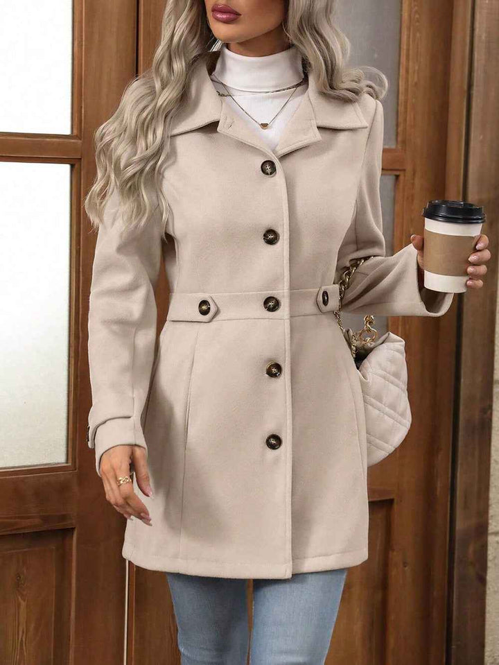 Women's Slim Fit Wool Coat with Front Buttons and Notched Lapel - Mid-Length Apricot