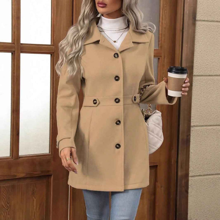 Women's Slim Fit Wool Coat with Front Buttons and Notched Lapel - Mid-Length Khaki