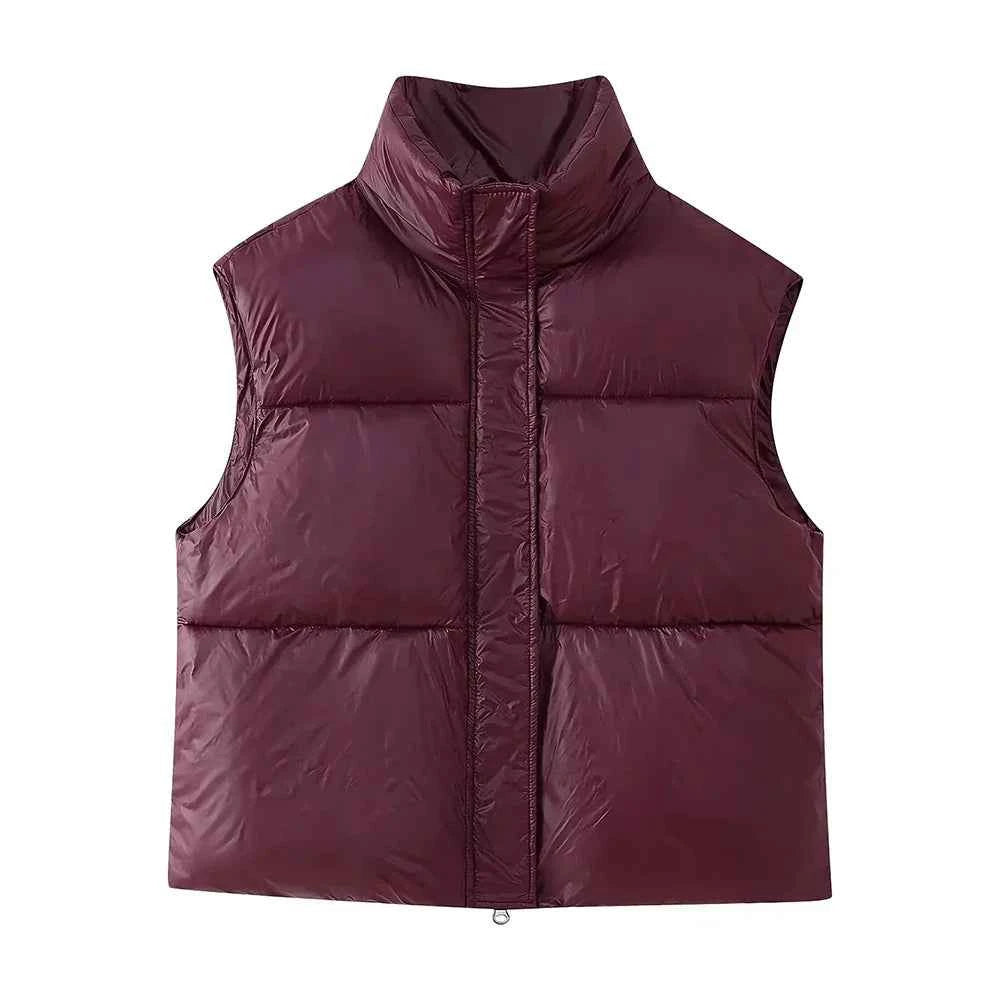 Women's Burgundy Down Lined Zip Stand Collar Slim Waistcoat