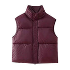 Women's Burgundy Down Lined Zip Stand Collar Slim Waistcoat