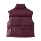 Women's Burgundy Down Lined Zip Stand Collar Slim Waistcoat