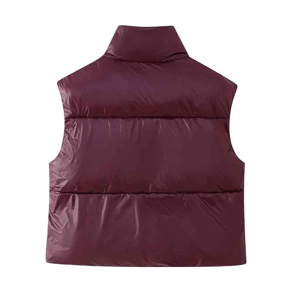 Women's Burgundy Down Lined Zip Stand Collar Slim Waistcoat