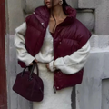 Women's Burgundy Down Lined Zip Stand Collar Slim Waistcoat Burgundy
