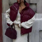 Women's Burgundy Down Lined Zip Stand Collar Slim Waistcoat Burgundy