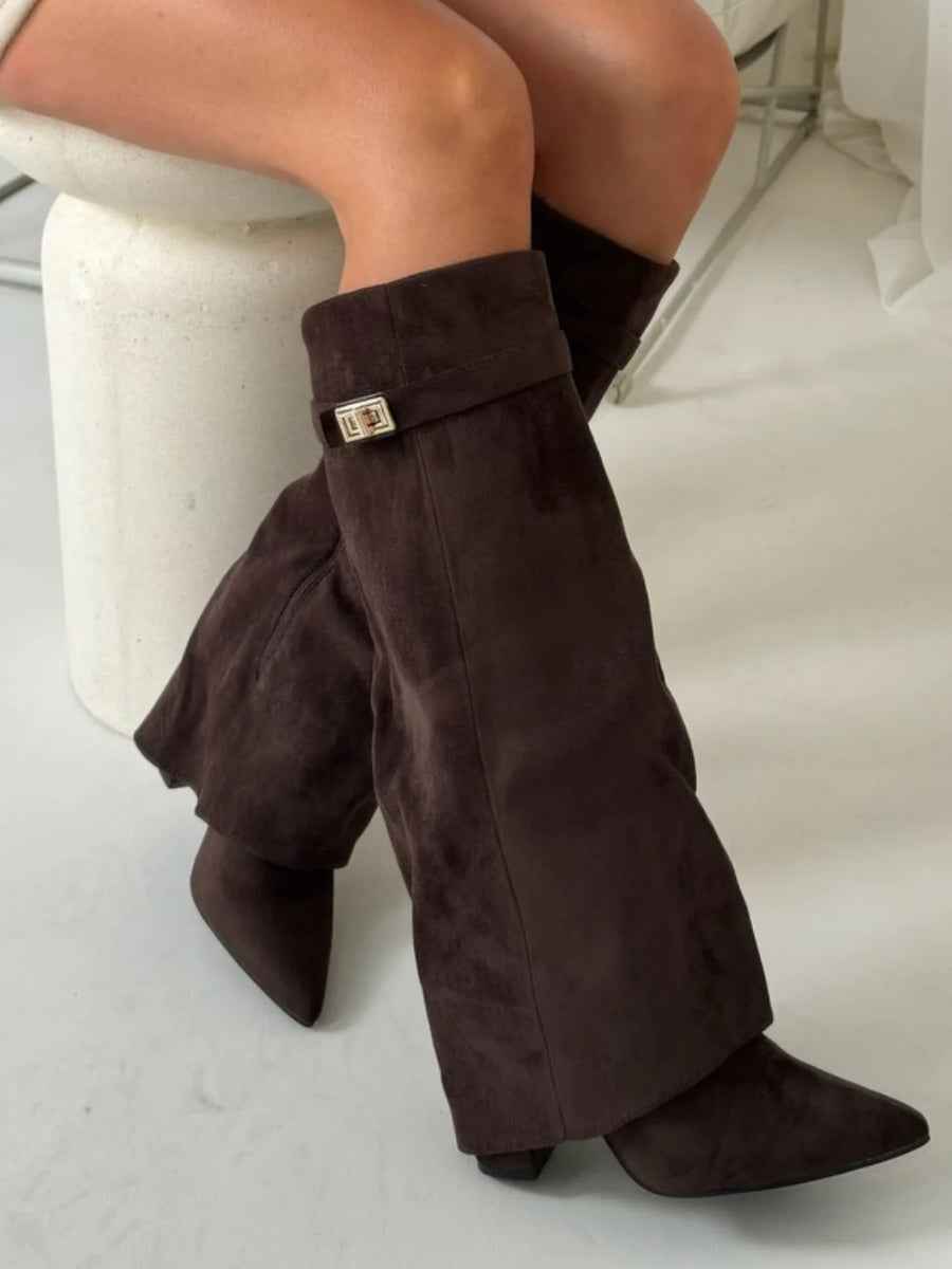 Women's Slouchy Pointed Toe Thigh-High Boots – Chic & Comfortable Brown Suede