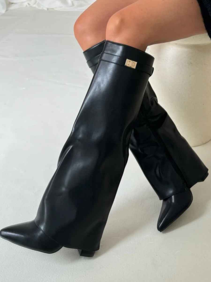 Women's Slouchy Pointed Toe Thigh-High Boots – Chic & Comfortable Black