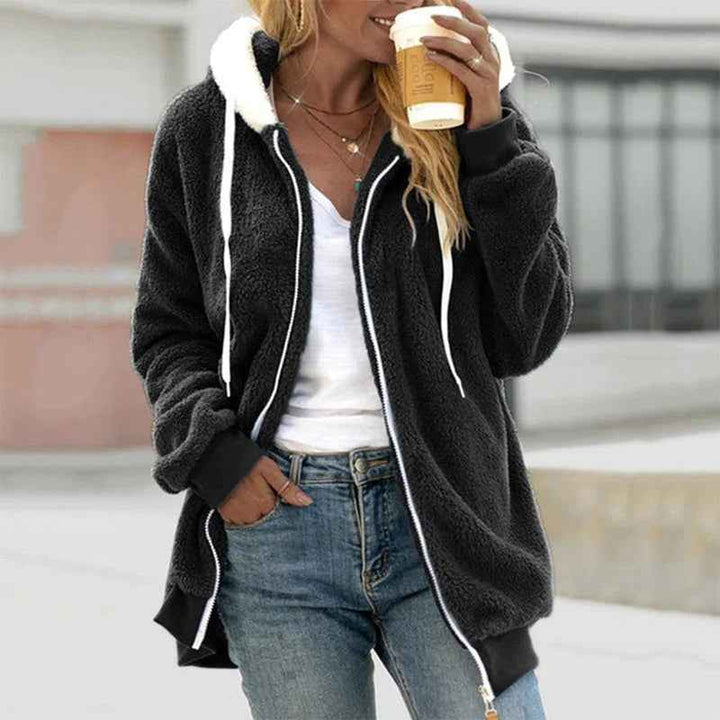 Women's Soft Fleece Hooded Jacket with Zipper Closure and Ribbed Cuffs Black