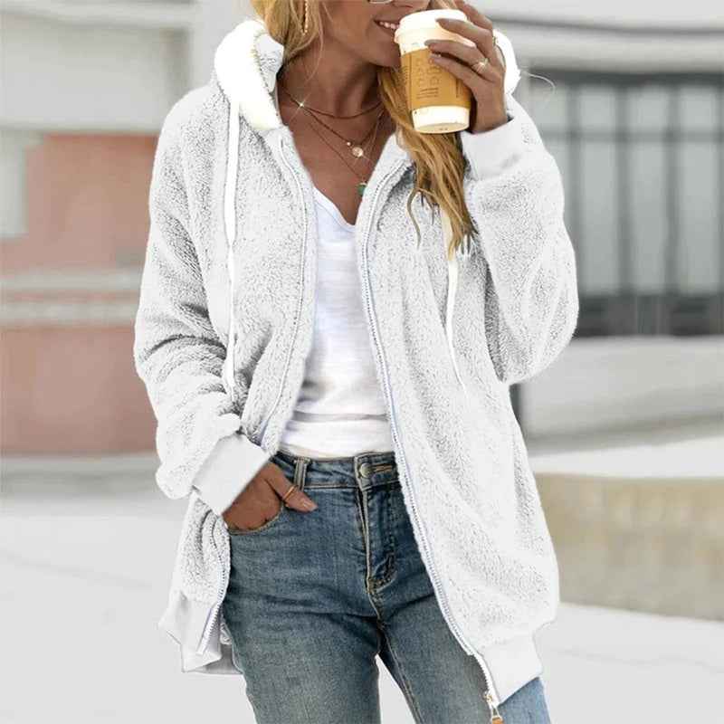 Women's Soft Fleece Hooded Jacket with Zipper Closure and Ribbed Cuffs White