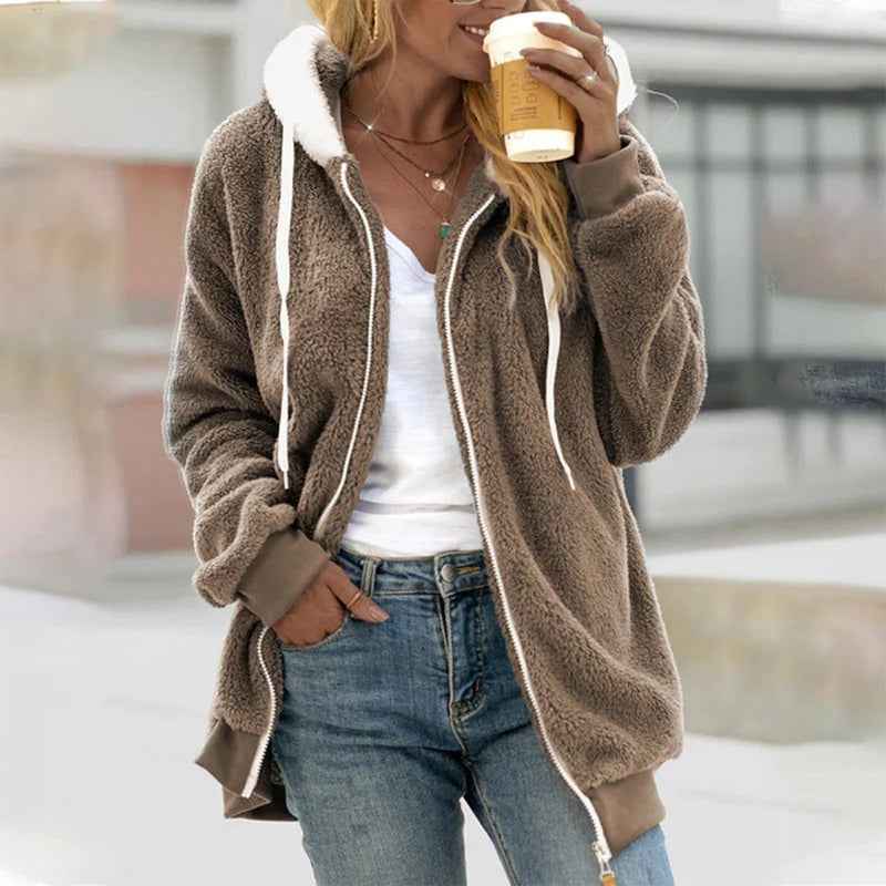 Women's Soft Fleece Hooded Jacket with Zipper Closure and Ribbed Cuffs Khaki