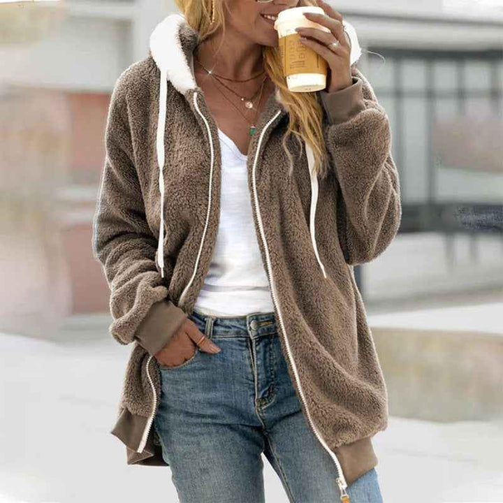 Women's Soft Fleece Hooded Jacket with Zipper Closure and Ribbed Cuffs Khaki