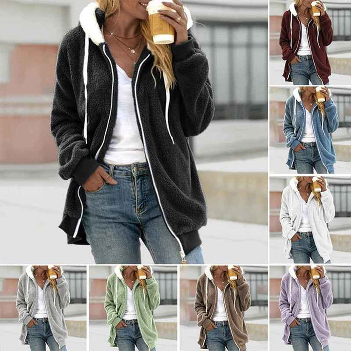 Women's Soft Fleece Hooded Jacket with Zipper Closure and Ribbed Cuffs