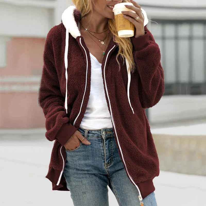 Women's Soft Fleece Hooded Jacket with Zipper Closure and Ribbed Cuffs Red