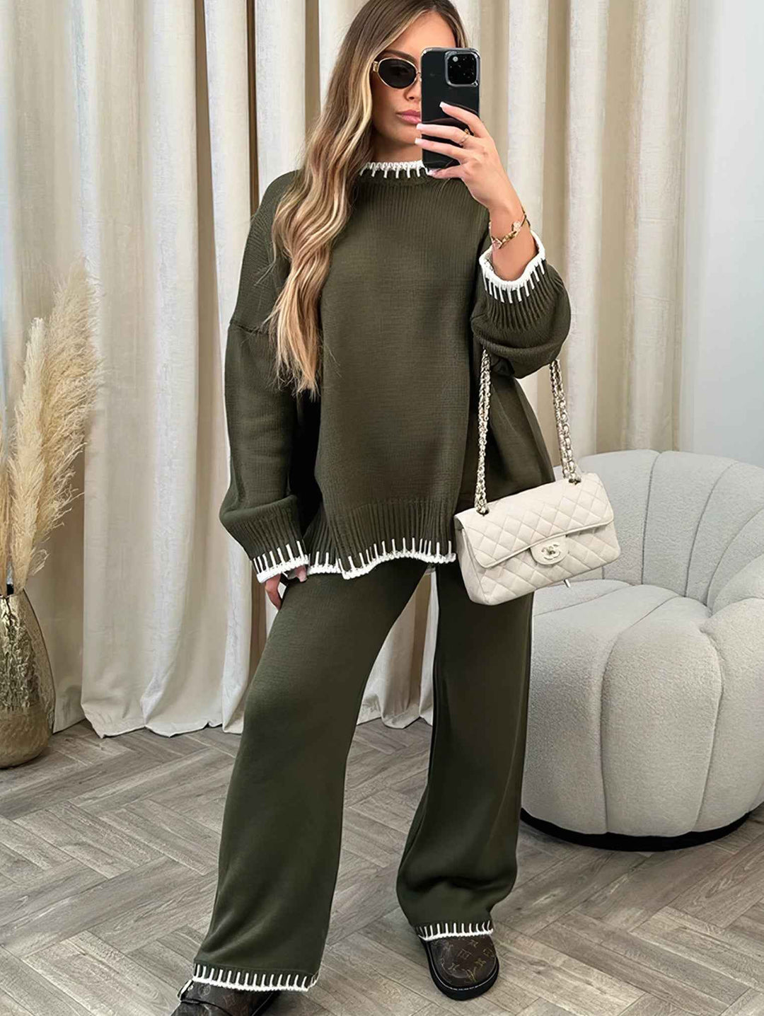 Women's Soft Knit Loungewear Set – Oversized Sweater & Relaxed Fit Pants Green