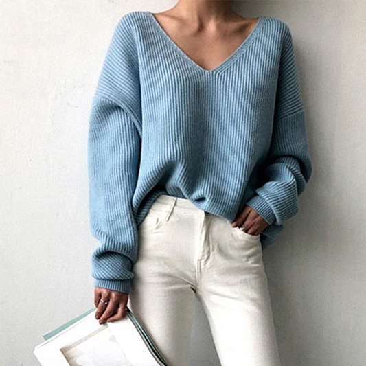 Women's Knit Polyester V Neck Relaxed Fit Solid Light Blue Sweater Light Blue