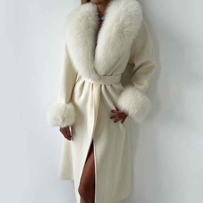 Women's Straight Fit Long Coat with Belted Fur Trim