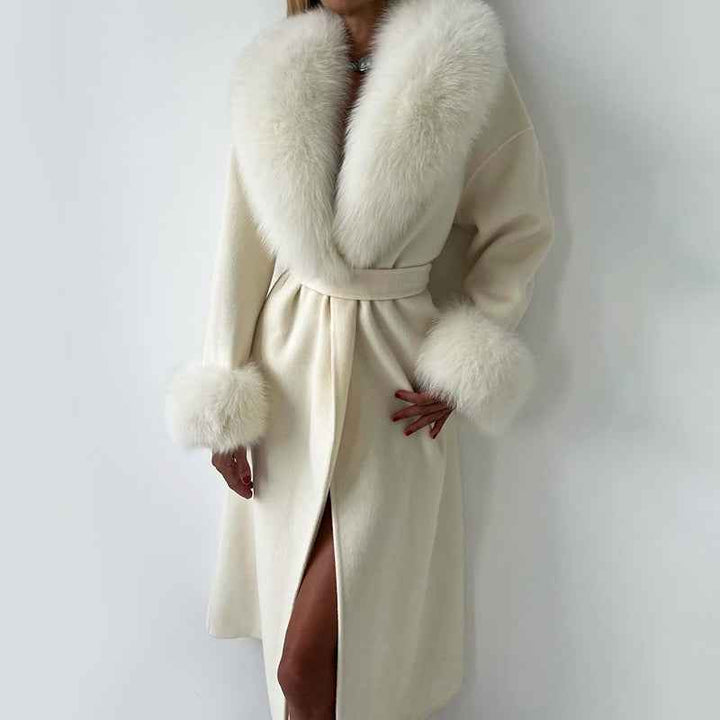 Women's Straight Fit Long Coat with Belted Fur Trim