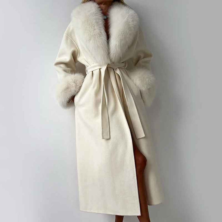 Women's Straight Fit Long Coat with Belted Fur Trim