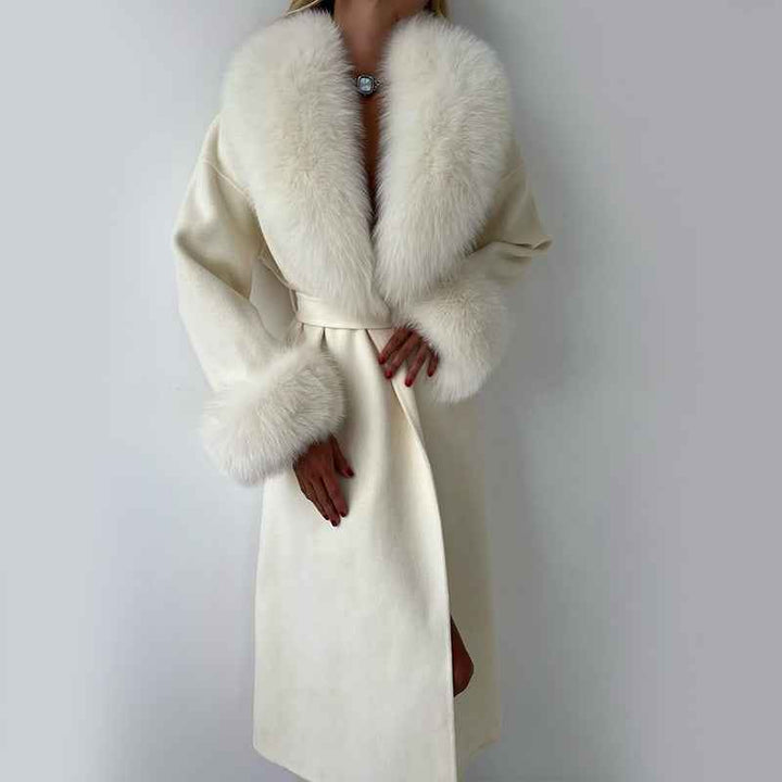 Women's Straight Fit Long Coat with Belted Fur Trim