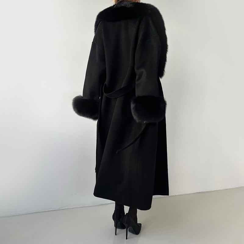 Women's Straight Fit Long Coat with Belted Fur Trim