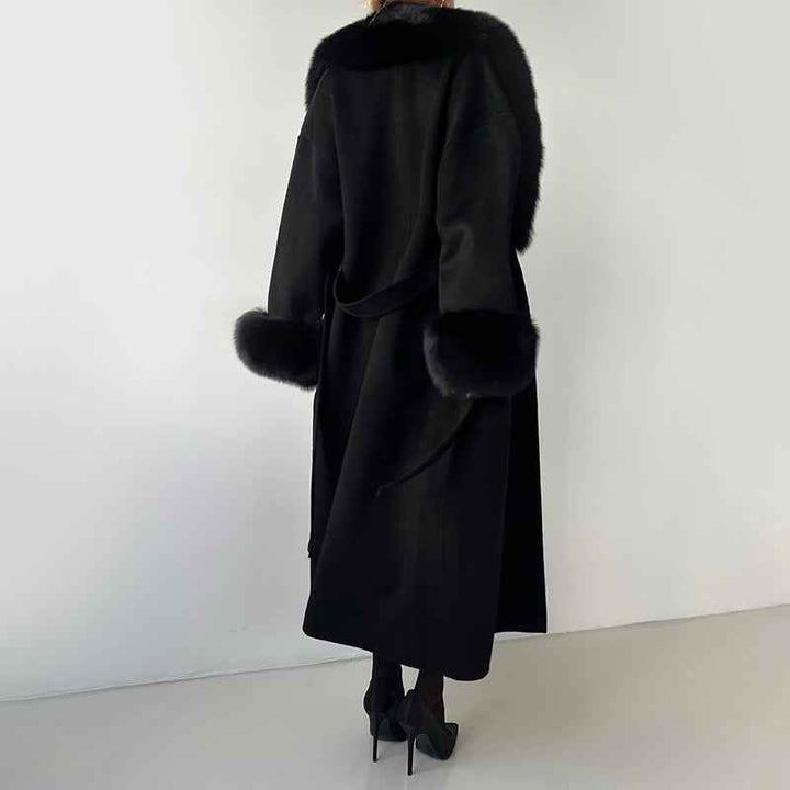 Women's Straight Fit Long Coat with Belted Fur Trim