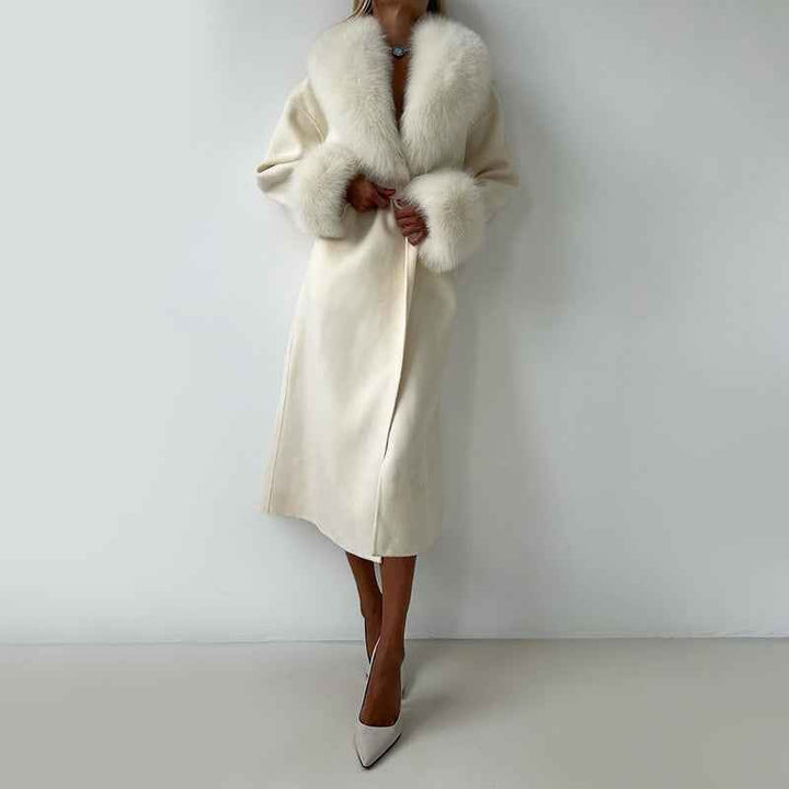 Women's Straight Fit Long Coat with Belted Fur Trim White