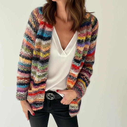 Women's Acrylic Relaxed Fit Striped Cardigan Winter Essential Red