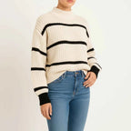 Women's White Striped Oversized Crew Neck Long Sleeve Sweater