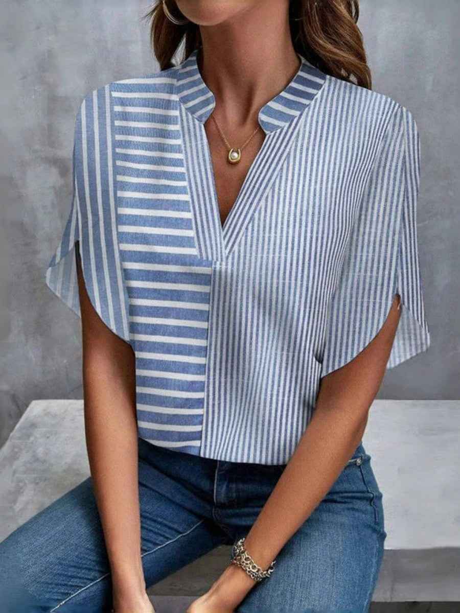 Women's Striped V-Neck Blouse – Relaxed Fit – Short Sleeve – Breathable Fabric Blue
