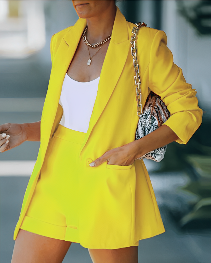 Women's Structured Blazer and Shorts Set Yellow
