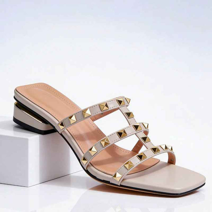 Women's Studded Block Heel Sandals Beige