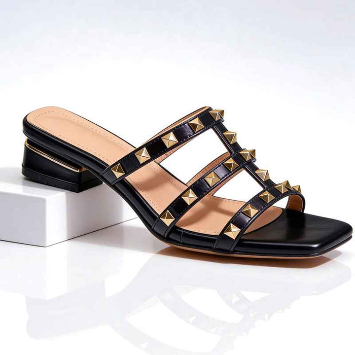 Women's Studded Block Heel Sandals Black