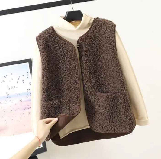 Women's Beige Button Up Pocket Layering Knit Gilet Vest Dark Khaki