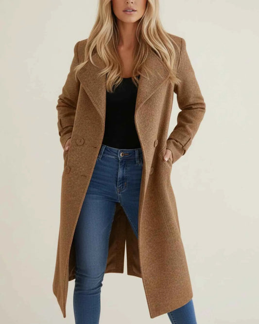 Women's Double Breasted Notched Lapel Below Knee Long Coat