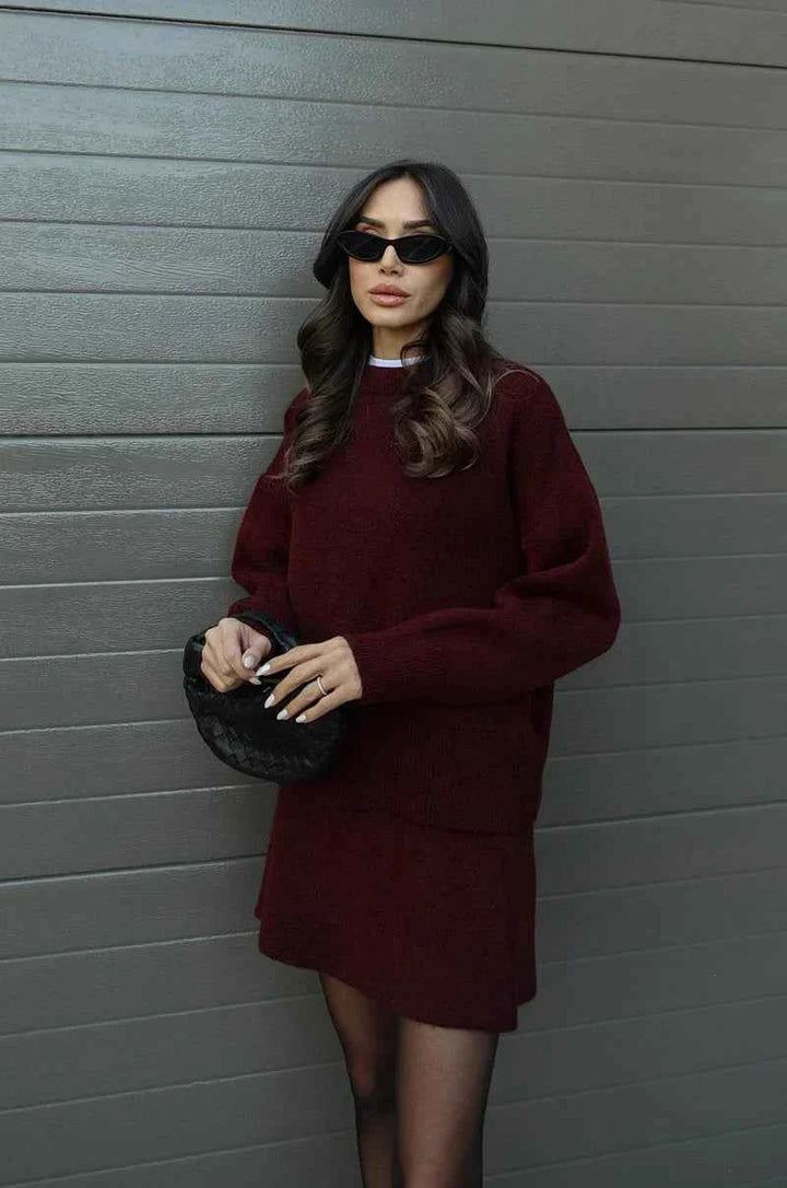 Women's Stylish Knitted Skirt and Sweater Set Wine Red