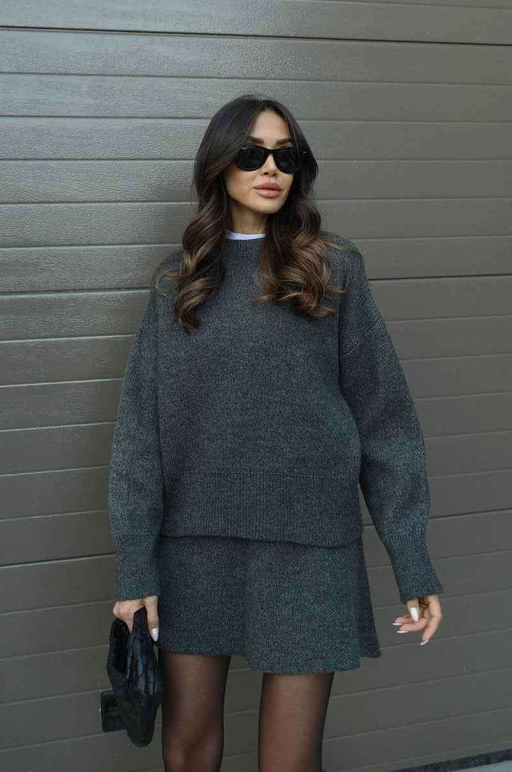 Women's Stylish Knitted Skirt and Sweater Set Grey