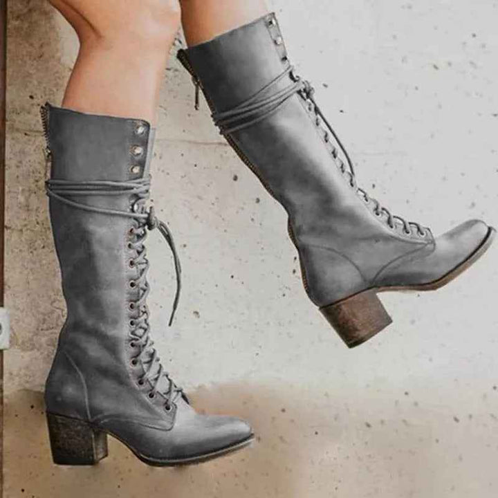 Women's Stylish Lace-Up Block Heel Knee-High Boots – Supportive Design Grey