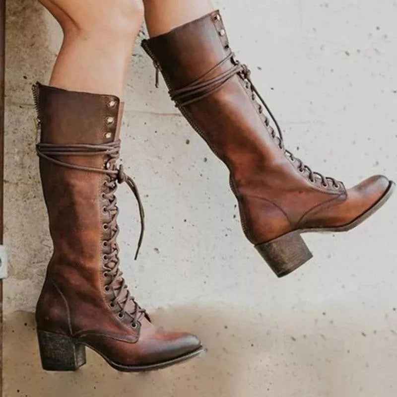Women's Stylish Lace-Up Block Heel Knee-High Boots – Supportive Design Brown