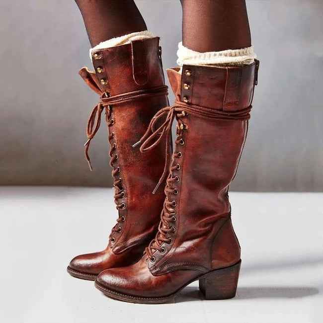 Women's Stylish Lace-Up Block Heel Knee-High Boots – Supportive Design Red Brown