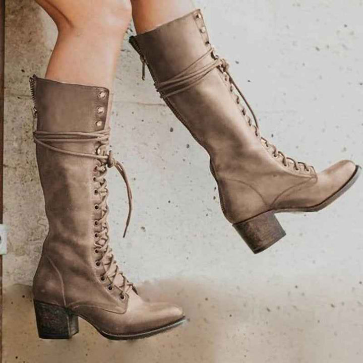 Women's Stylish Lace-Up Block Heel Knee-High Boots – Supportive Design Khaki