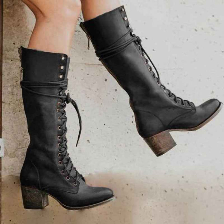 Women's Stylish Lace-Up Block Heel Knee-High Boots – Supportive Design Black