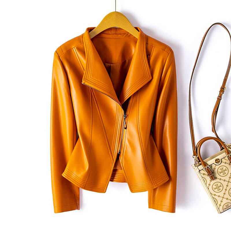 Women's Stylish Leather Jacket Saffron Orange