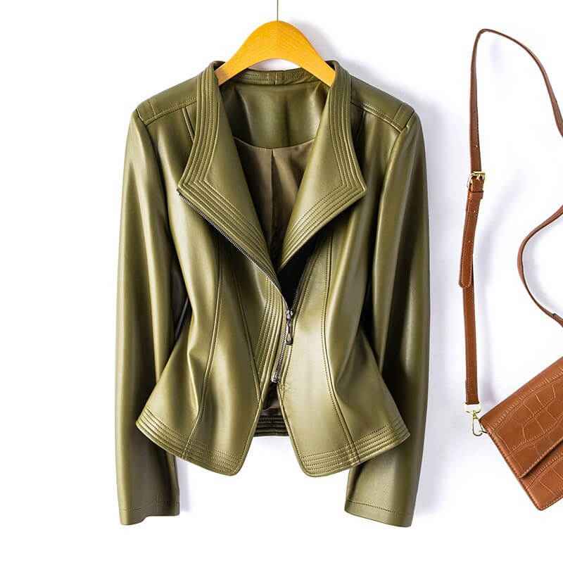 Women's Stylish Leather Jacket Olive Green