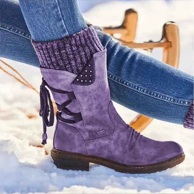 Women's Stylish Mid-Calf Strass-Embellished Boots – Cozy & Chic Purple