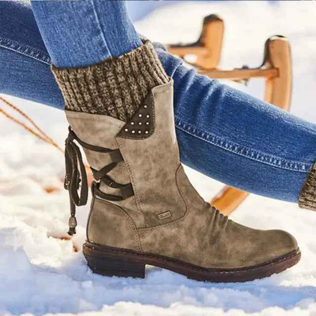 Women's Stylish Mid-Calf Strass-Embellished Boots – Cozy & Chic Khaki