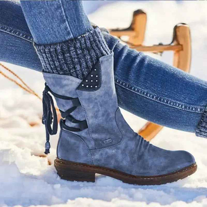 Women's Stylish Mid-Calf Strass-Embellished Boots – Cozy & Chic Blue