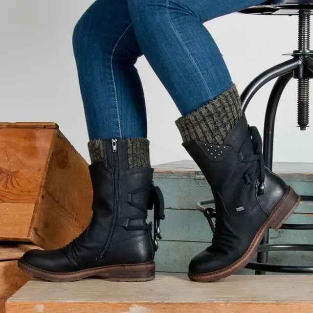 Women's Stylish Mid-Calf Strass-Embellished Boots – Cozy & Chic Black