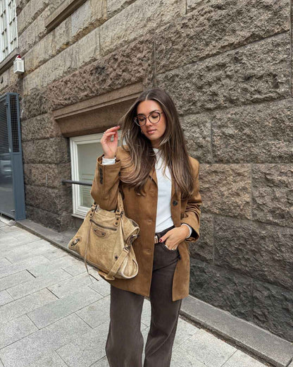 Women's Suede Blazer Single-Breasted Straight Fit Notch Lapel Long