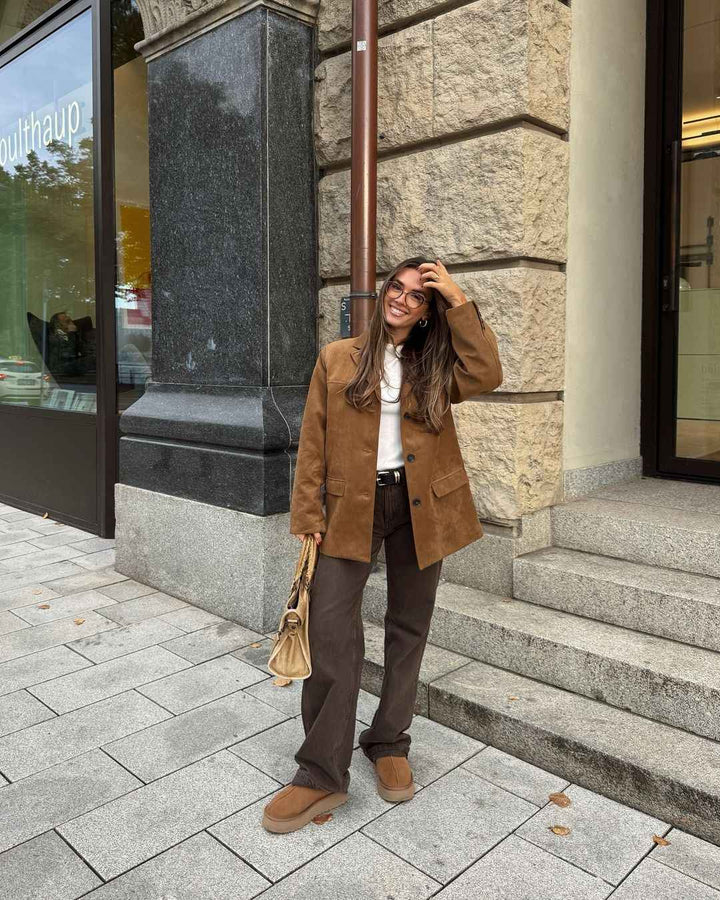 Women's Suede Blazer - Single-Breasted, Straight Fit, Notch Lapel, Long Sleeves