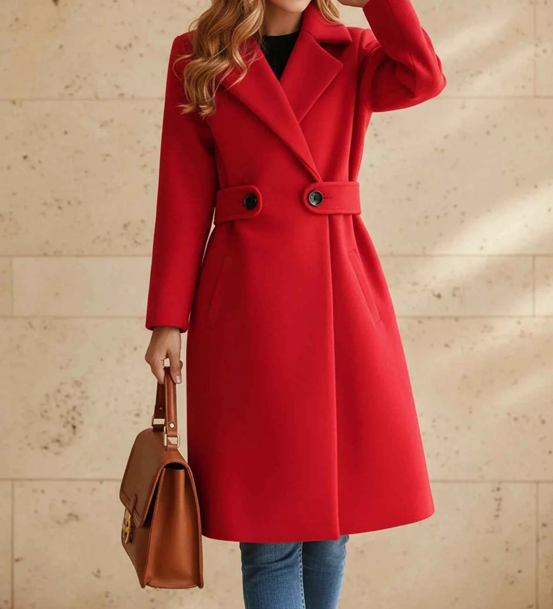 Women's Tailored Belted Coat with Wide Lapel Red